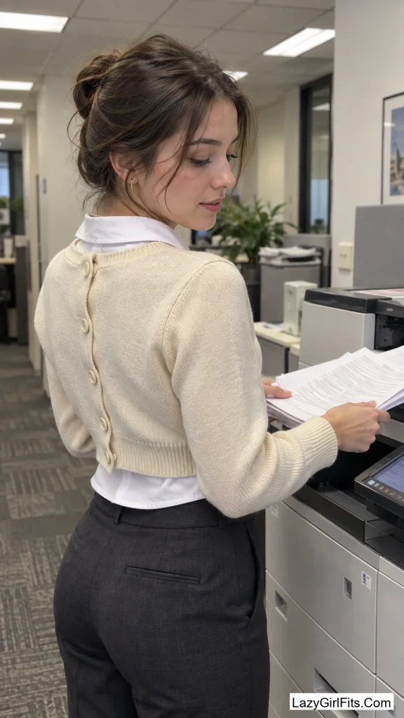 Cropped Cardigan Buttoned Backward Over a Collared Shirt