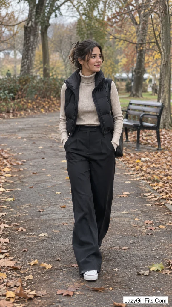 Cropped Puffer Vest Over a Turtleneck