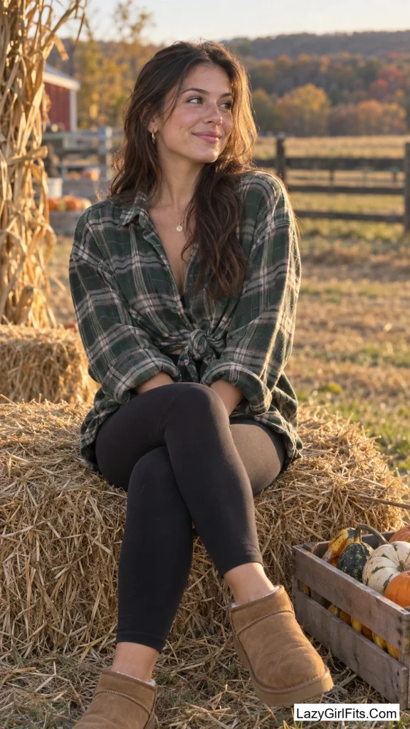 Dad's Flannel Knotted at the Waist Over Leggings