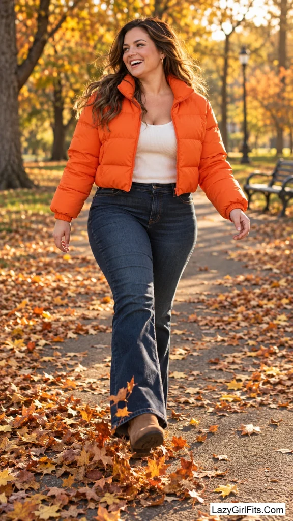 Dark Bootcut Jeans with a Cropped Puffer
