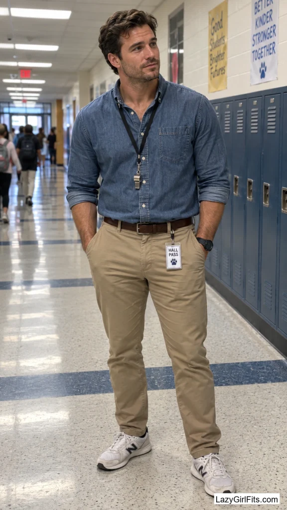 Denim Button-Down with a Laminated Hall Pass Clipped On