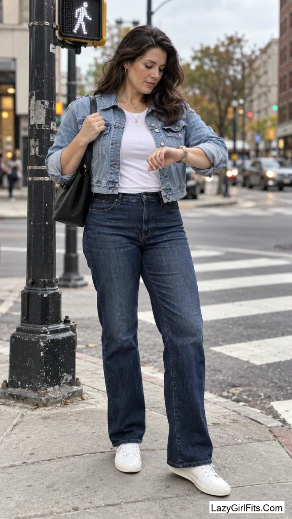Denim Jacket Over Straight-Leg Jeans
