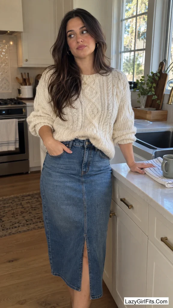 Denim Midi Skirt with a Cable Sweater Tucked In