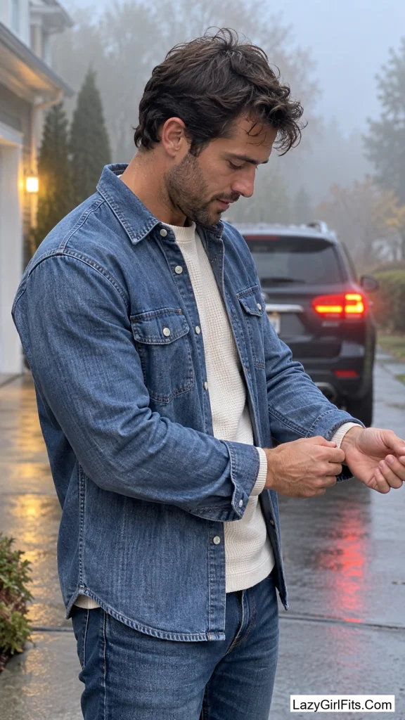 Denim Overshirt Over a Waffle-Knit Thermal