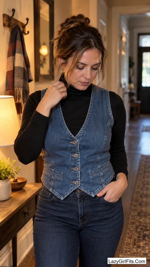 Denim Vest Over a Turtleneck