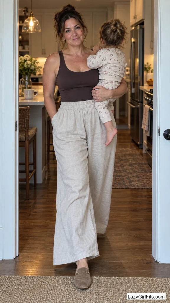 Elastic-Waist Wide-Leg Pants With Slip-On Mules