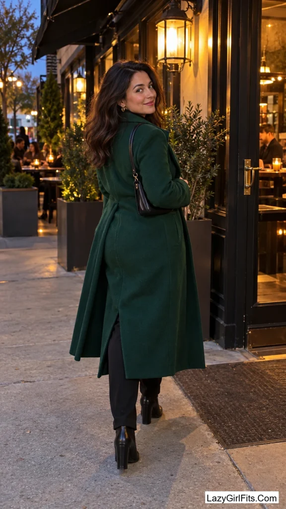 Emerald Wool Coat Over All Black