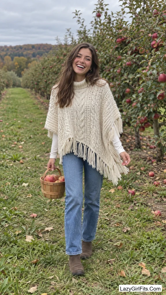 Fisherman-Knit Poncho Over Straight Jeans