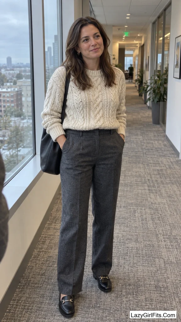 Fisherman Sweater Tucked Into Straight-Leg Trousers
