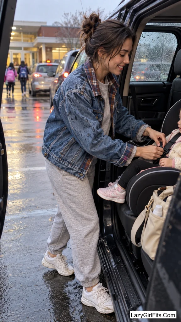 Flannel-Lined Denim Jacket Over Sweats