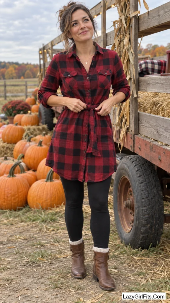 Flannel Shirtdress Over Fleece-Lined Leggings