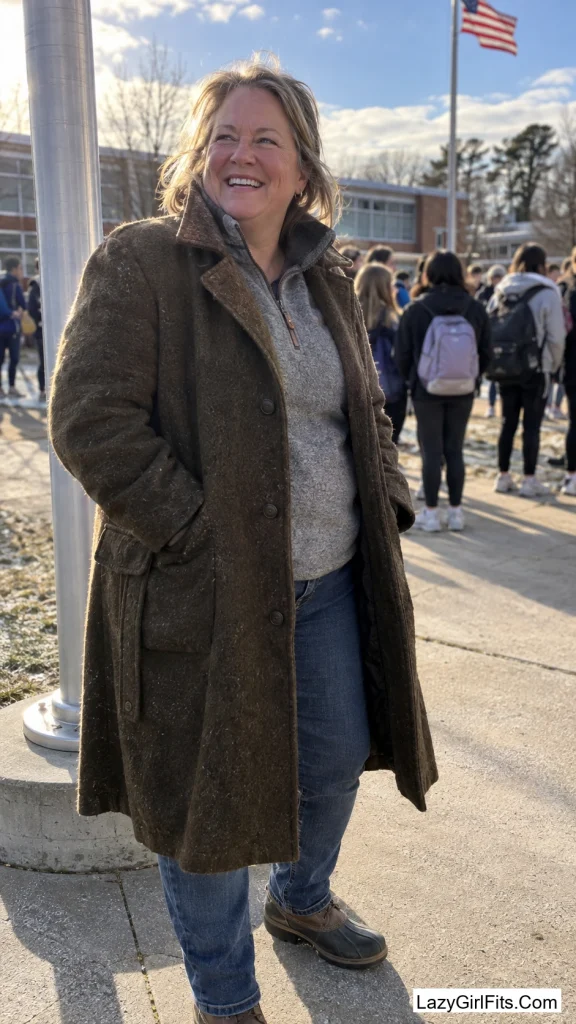 Fleece Quarter-Zip Layered Under a Wool Barn Coat