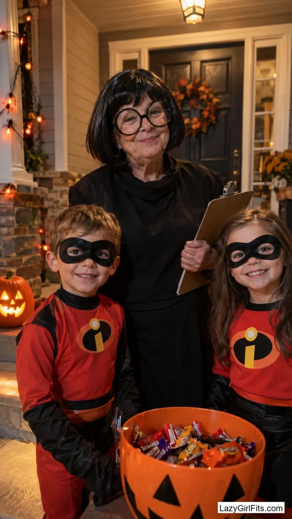 Grandma as Edna Mode, Everyone Else as The Incredibles