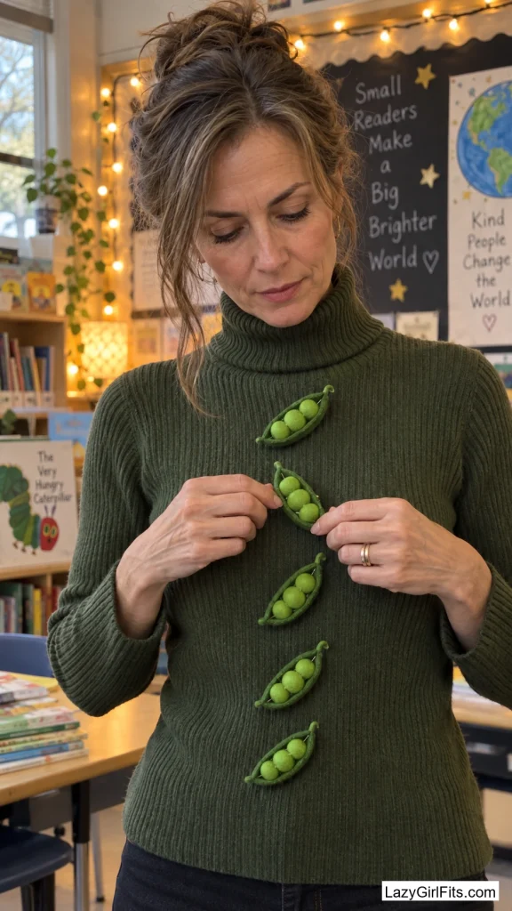 Green Sweater with Felt Pea Pods Pinned Down the Front
