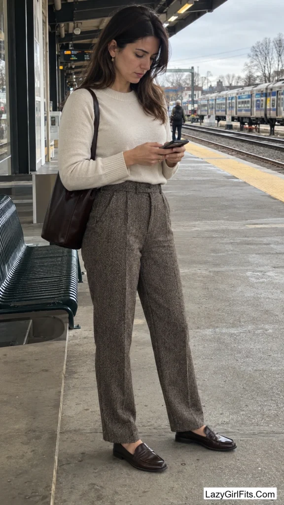 Herringbone Trousers With Penny Loafers