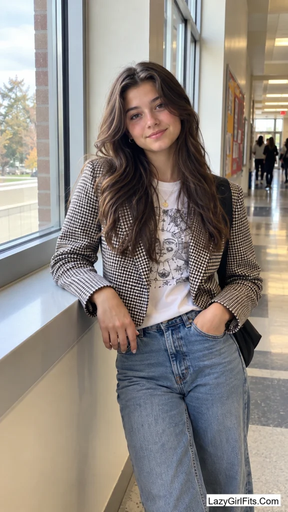 Houndstooth Blazer Over a Graphic Tee