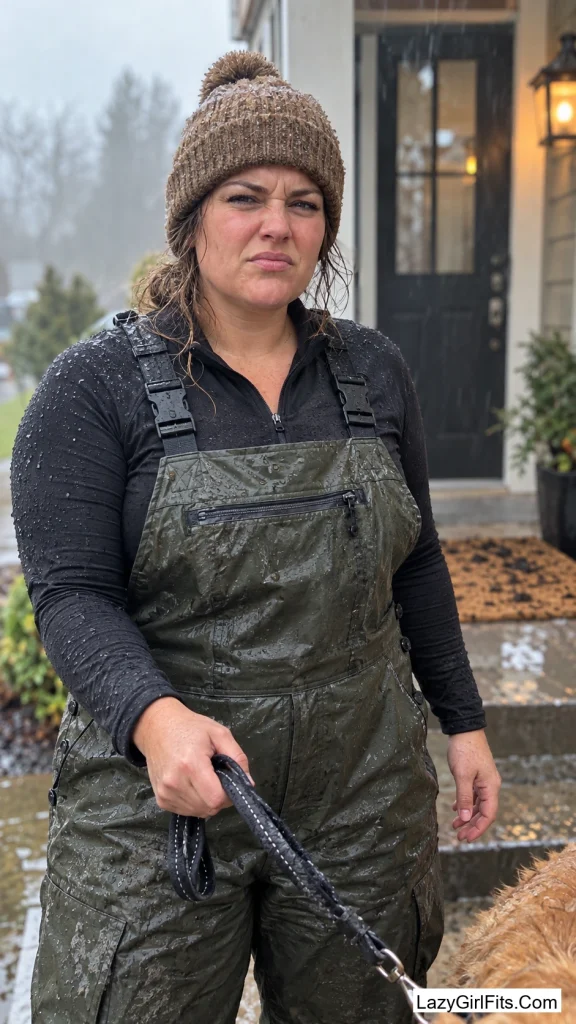 Insulated Rain Bib Overalls with a Wool Beanie