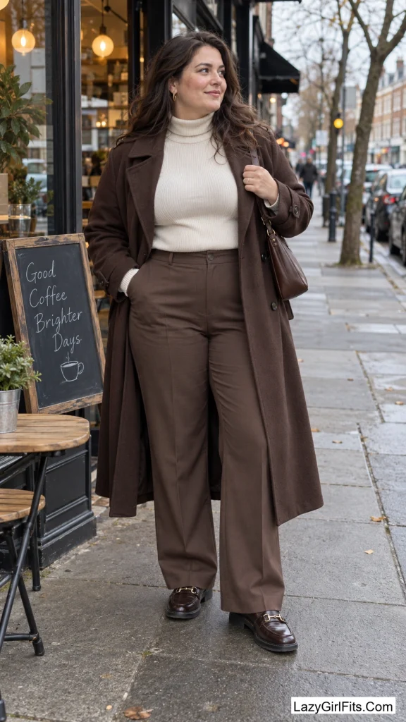 Ivory Turtleneck Under a Chocolate Brown Trench