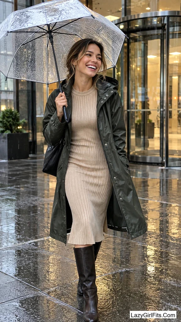 Knit Midi Dress Under a Hooded Raincoat