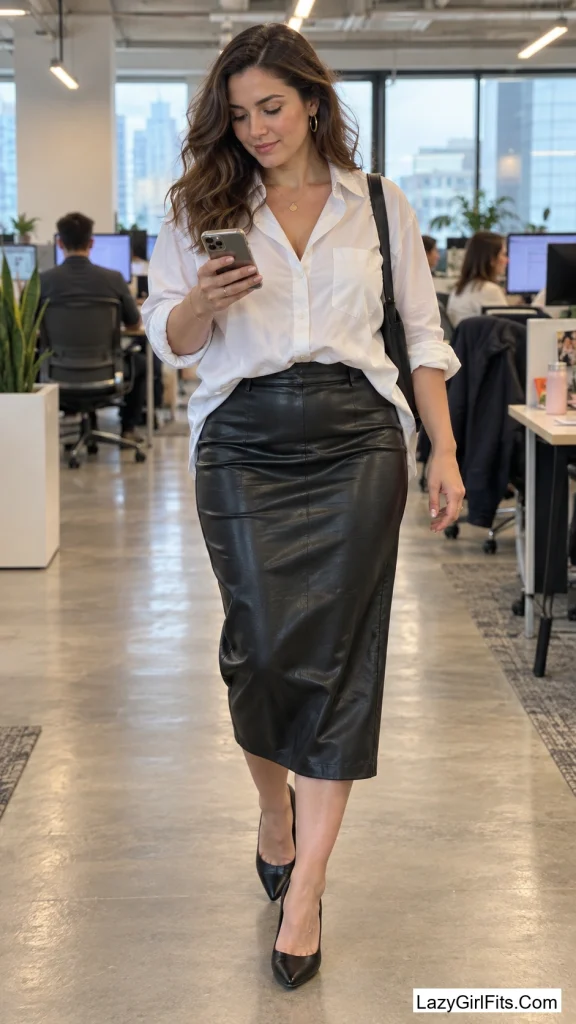 Leather-Look Midi Skirt With an Oversized Button-Down Tucked In Front