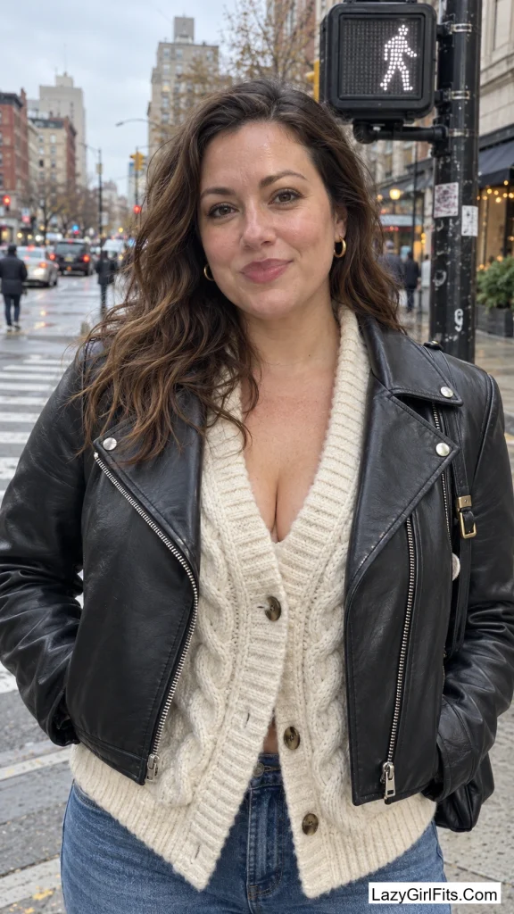 Leather Moto Jacket Over a Cardigan