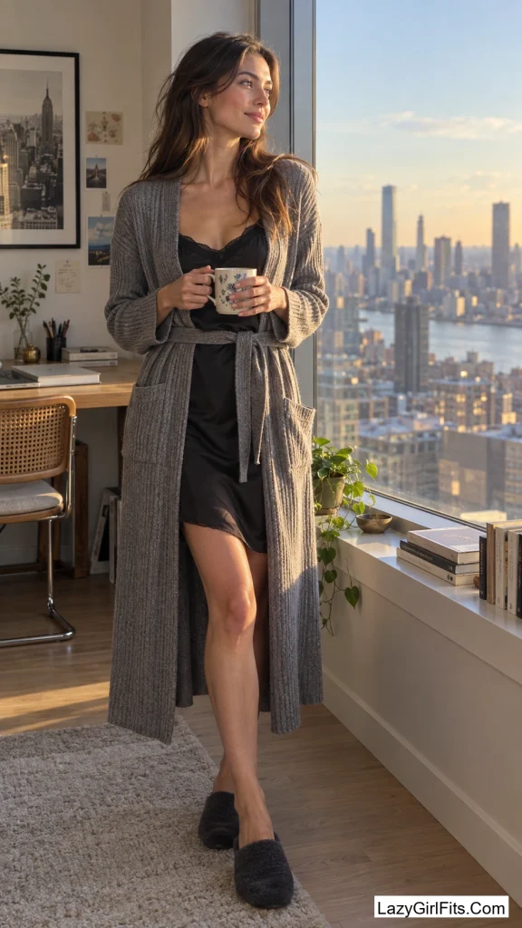 Long Cardigan Belted Over a Slip Dress