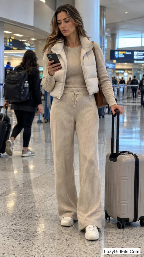 Matching Knit Set with Sneakers and a Puffer Vest