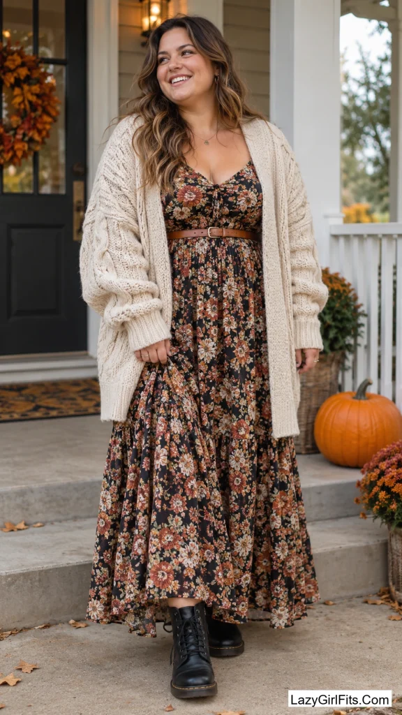 Maxi Dress Layered Under a Chunky Cardigan