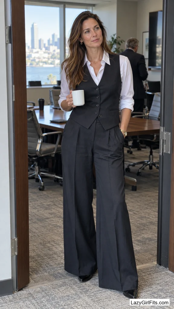 Menswear Vest Layered Over a Button-Down and Wide-Leg Trousers