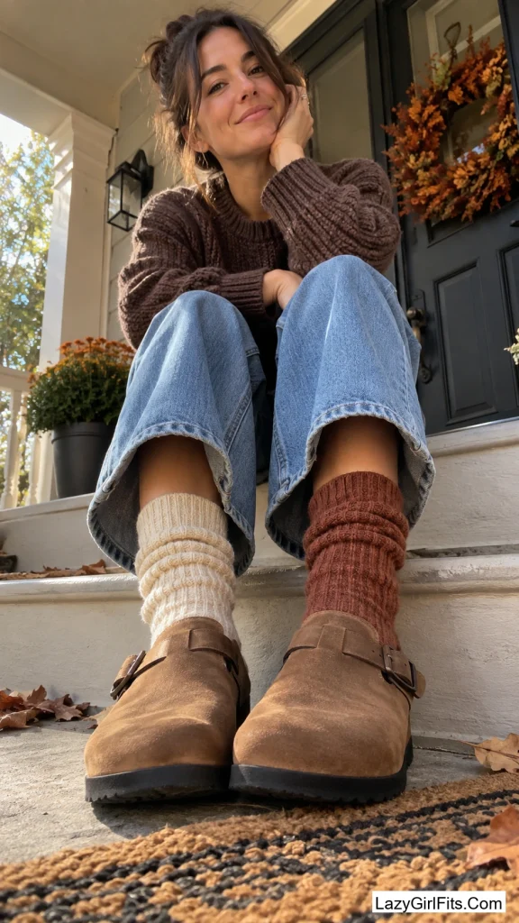 Mismatched Wool Socks Peeking Over Clogs