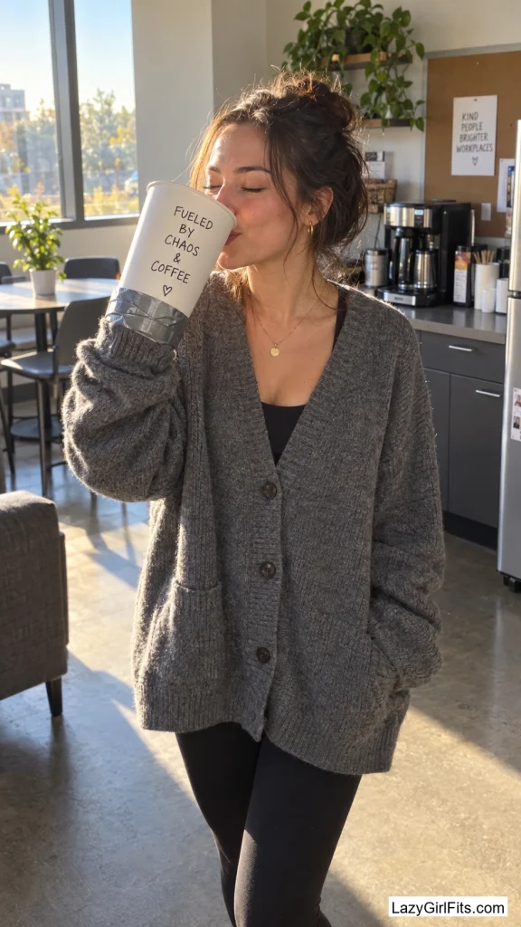 Oversized Cardigan with a Latte Cup Taped to One Hand