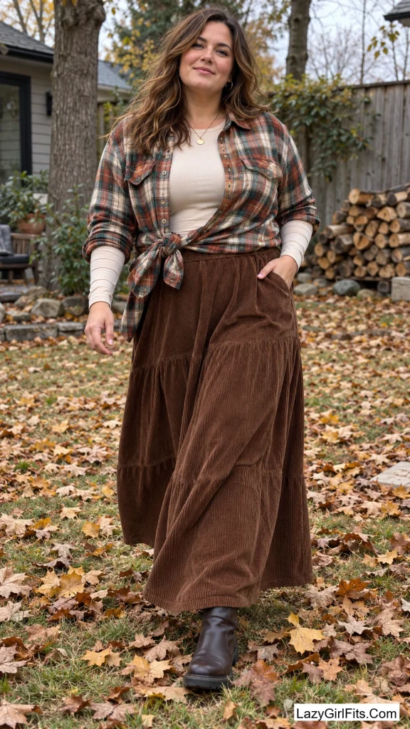 Oversized Flannel Shirt Worn Open Over a Maxi Skirt
