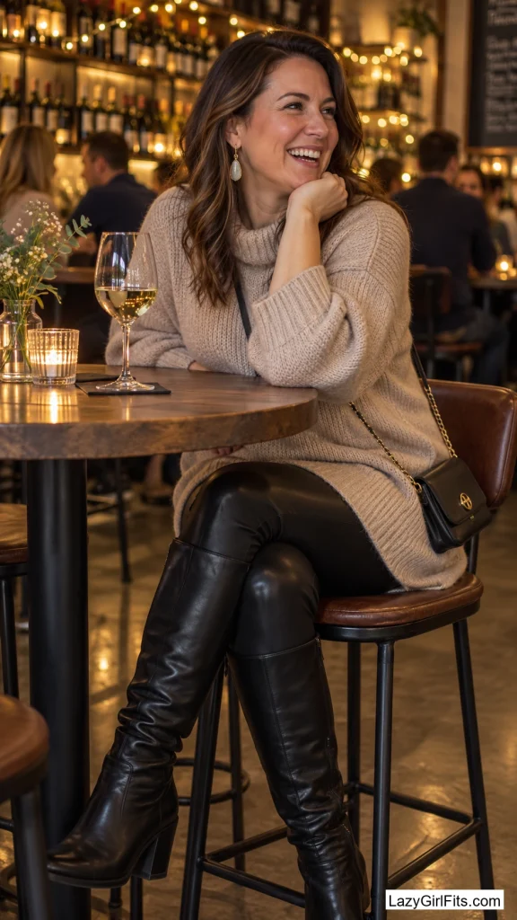 Oversized Sweater Over Leather-Look Leggings, Boots Instead of Sneakers