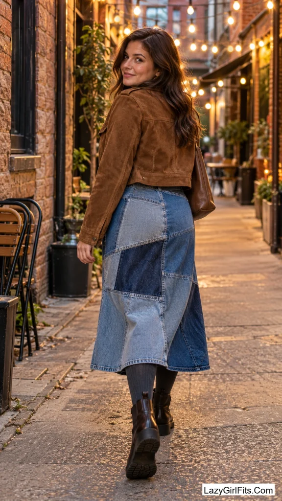 Patchwork Denim Skirt With Thermal Tights and Chelsea Boots
