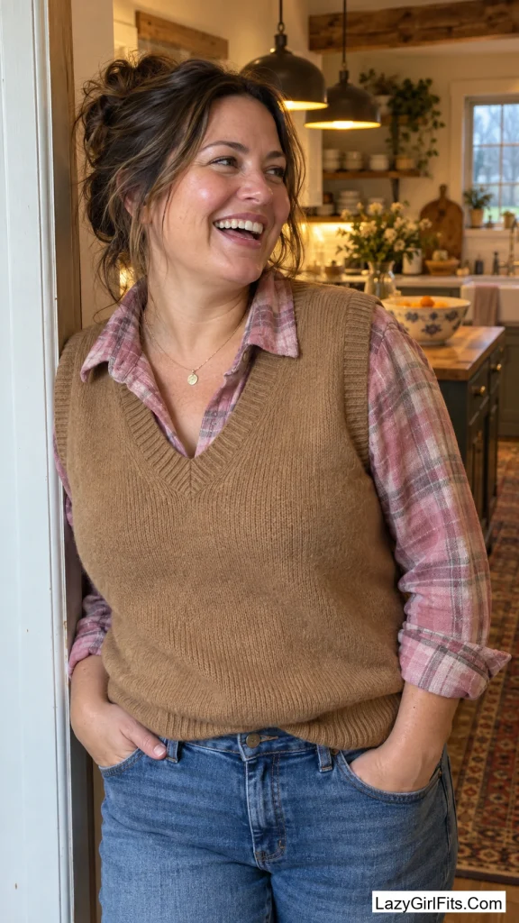 Pink Flannel Under a Sweater Vest