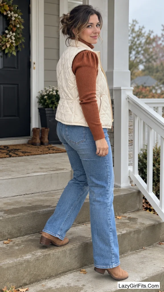 Puff-Sleeve Turtleneck Layered Under a Cropped Vest