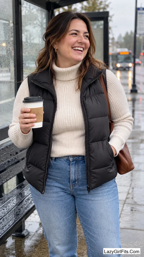 Puffer Vest Over a Ribbed Turtleneck with Duck Boots