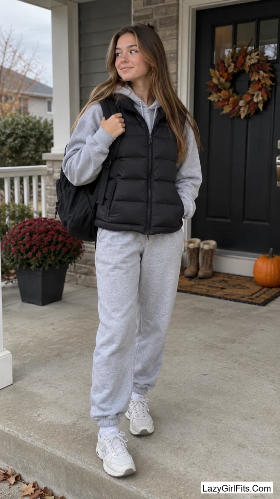 Puffer Vest Over a Zip-Up Hoodie