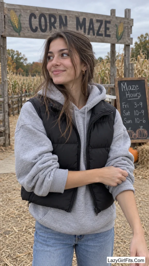 Puffer Vest Over an Oversized Hoodie, Sleeves Pushed Up