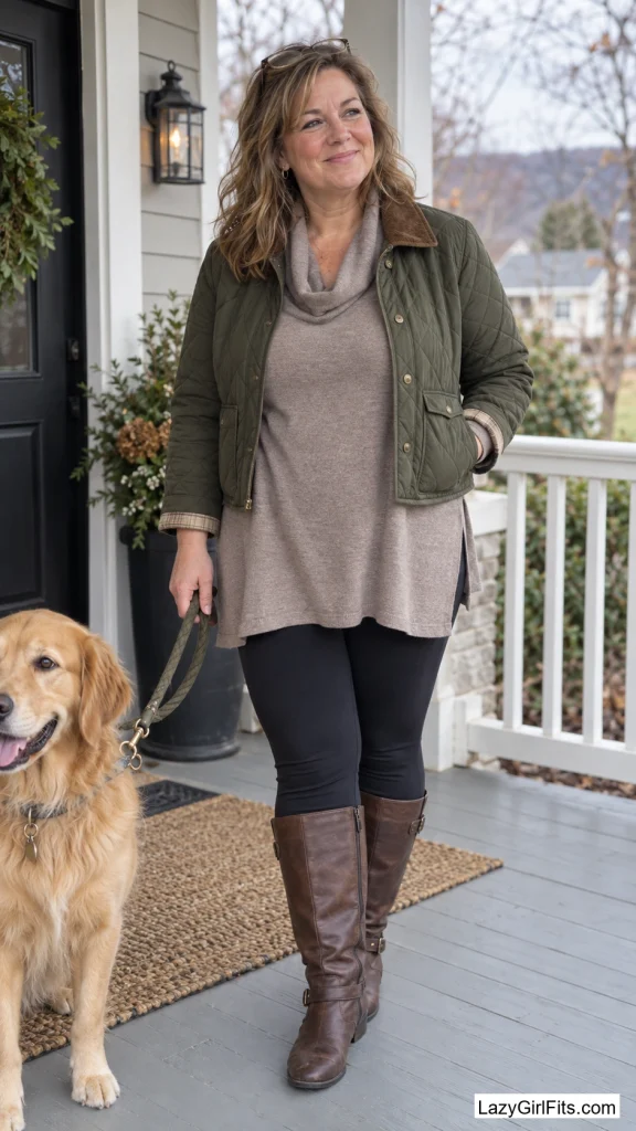 Quilted Barn Jacket Over a Cowl-Neck Tunic and Leggings