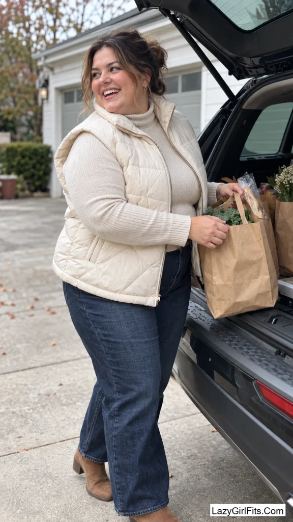 Quilted Vest Over a Turtleneck and Jeans