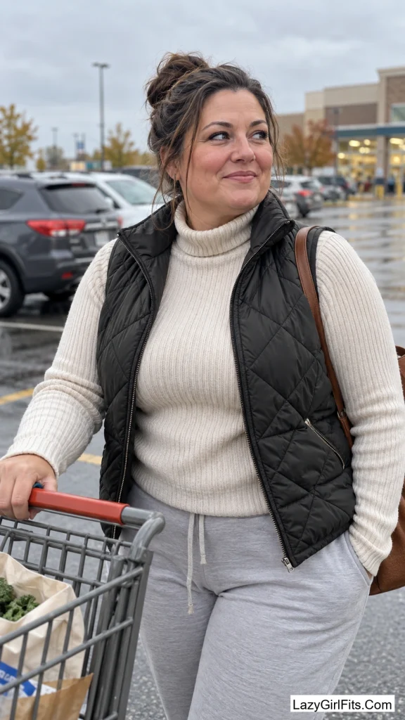 Quilted Vest Over a Turtleneck with Sweatpants