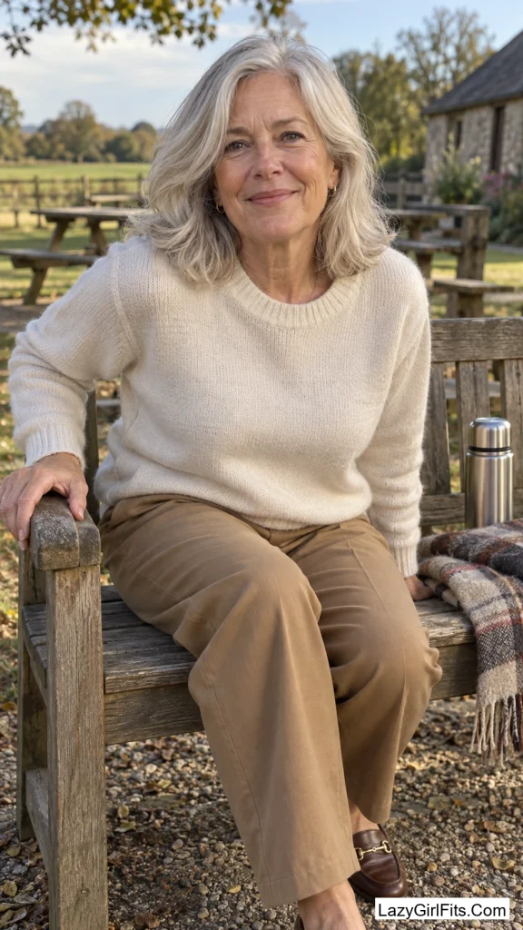 Relaxed Trousers with a Cashmere-Look Sweater and Loafers