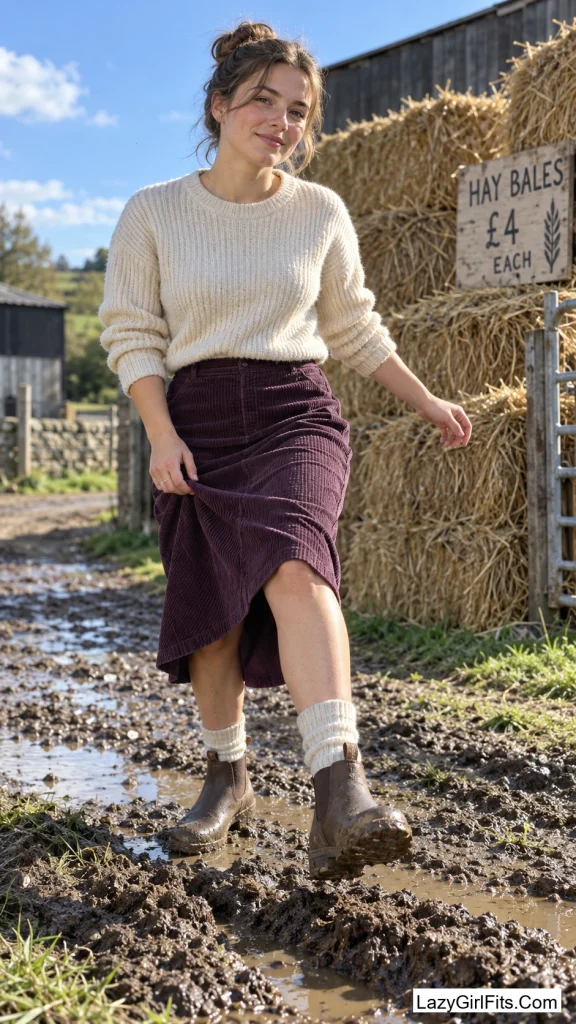 Rubber Clog Boots with Ribbed Wool Socks and a Corduroy Midi Skirt