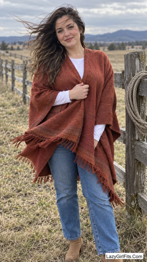 Rust Ruana Wrap Poncho Over Straight-Leg Jeans