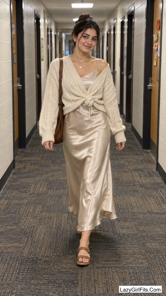 Same Sweater Knotted Over Slip Dress