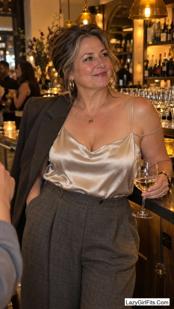 Satin Camisole Tucked Into Wide-Leg Trousers