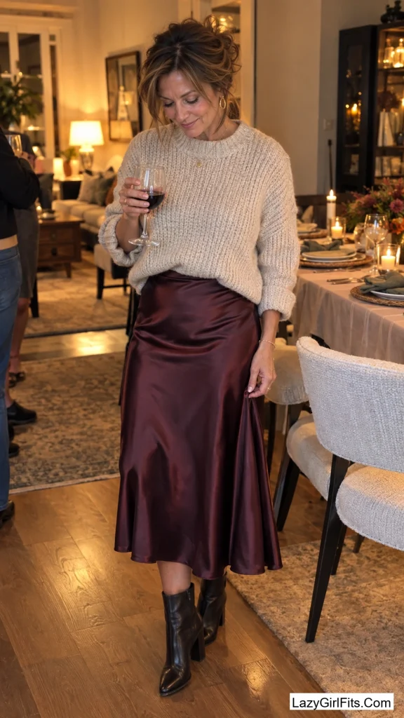 Satin Midi Skirt with a Chunky Sweater On Top