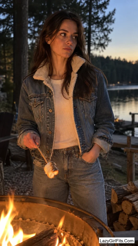 Sherpa-Collar Denim Jacket Over a Thermal