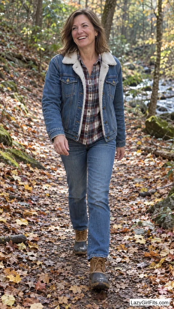 Sherpa-Lined Denim Jacket Over a Flannel and Straight Jeans With Duck Boots